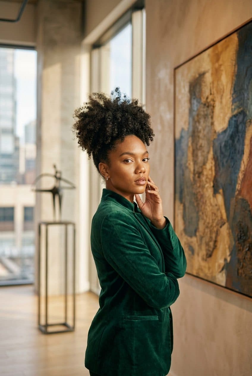 An actor in a green velvet jacket, photographed in a gallery